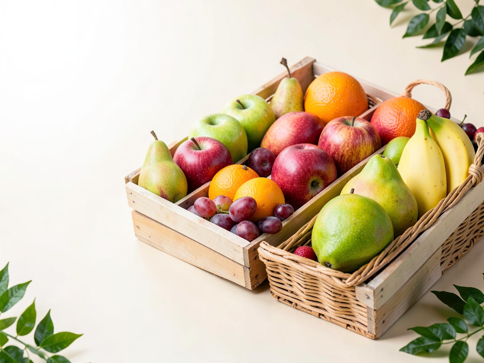 Fresh fruit arranged in crates and baskets