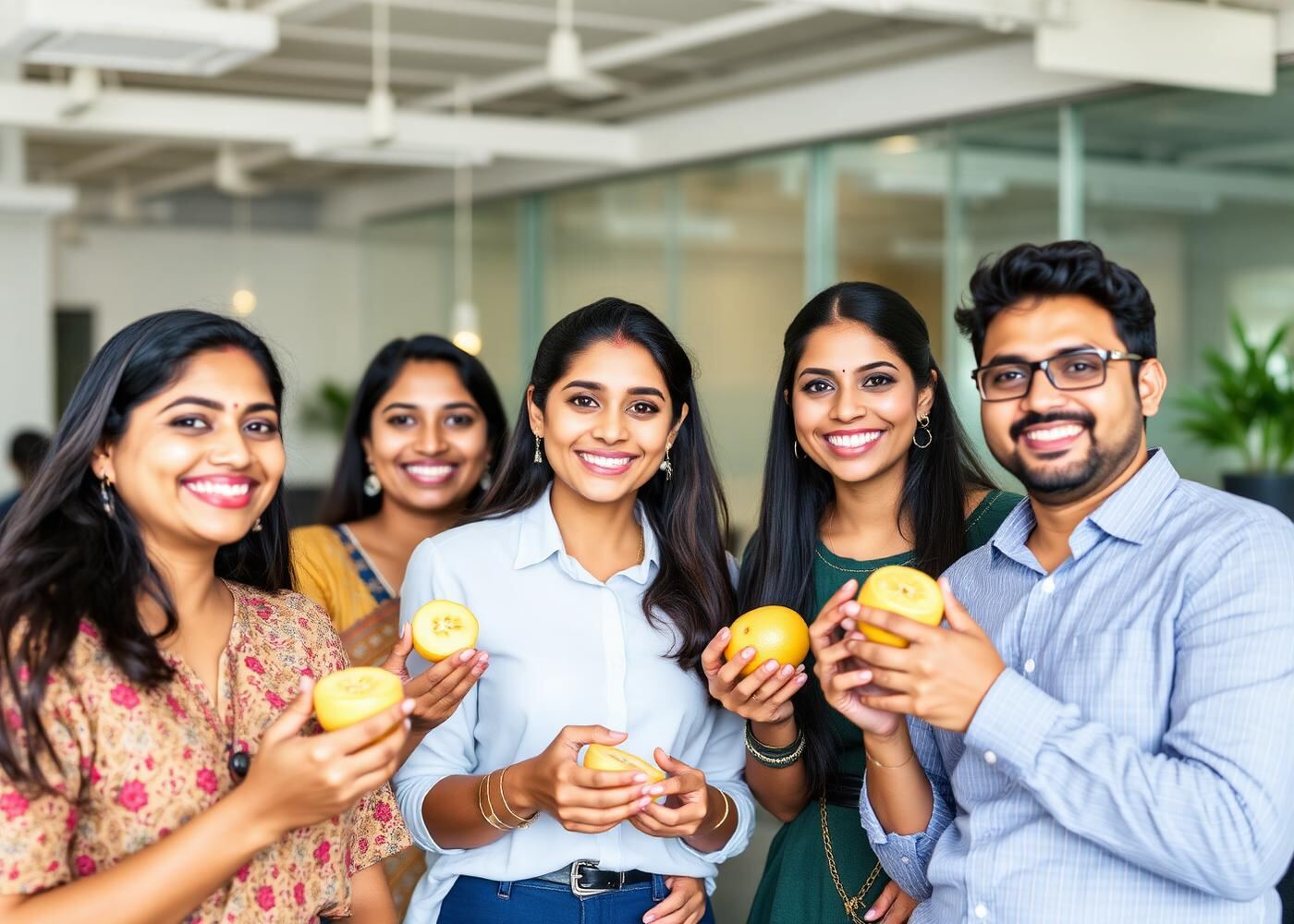 Workplace team sharing fresh fruit in the office